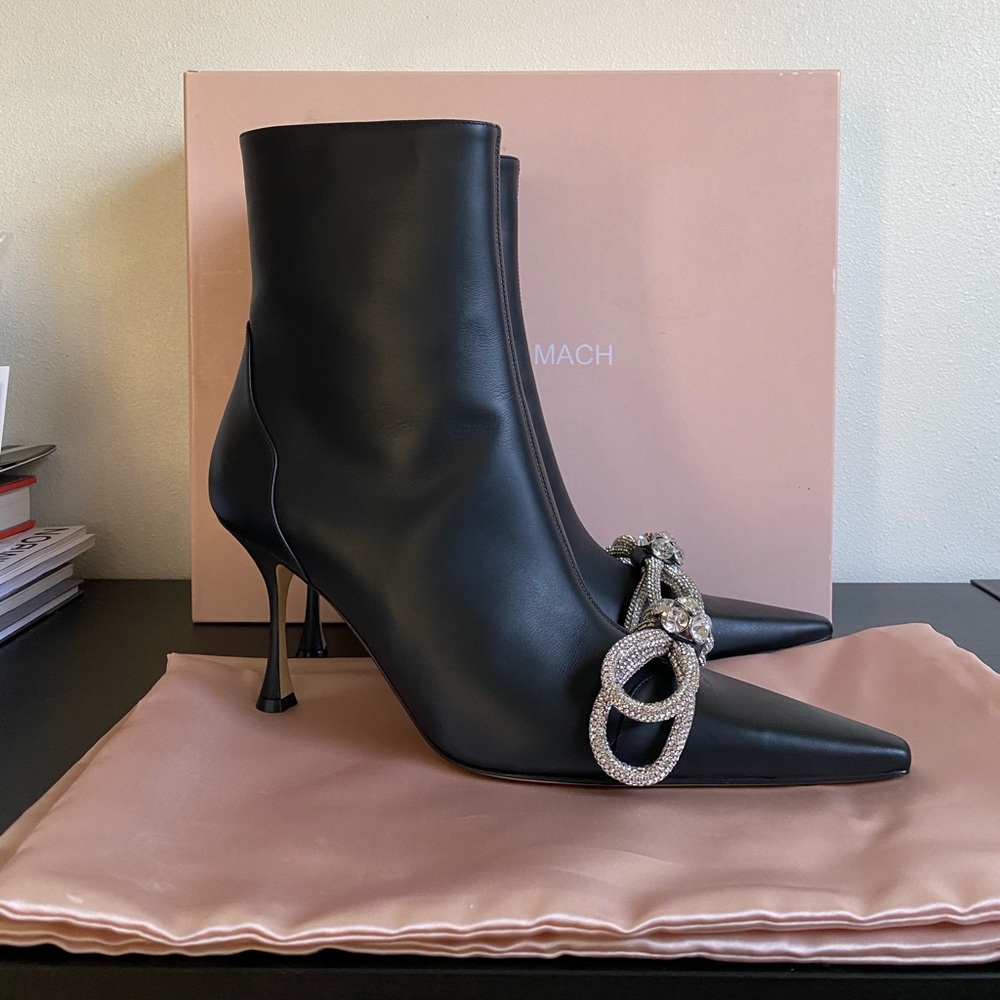 NIB Mach & Mach Crystal Embellished Double Bow Booties size 41 in Black